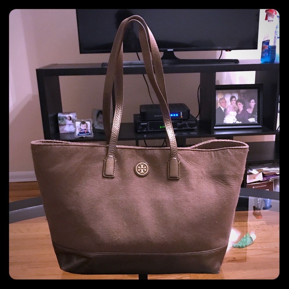 OFFERS?? Tory Burch brown/ leather trim tote